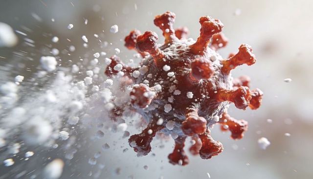 Coronavirus particle dispersing in aerosol with red spike proteins microscopic close-up