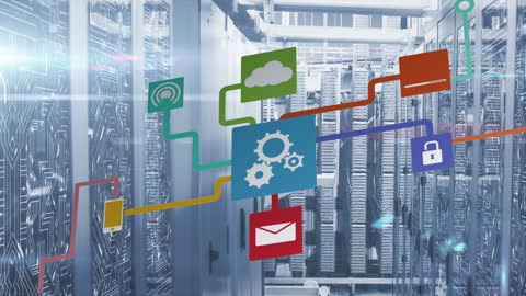 Digital Technology Icons Overlaying Server Room
