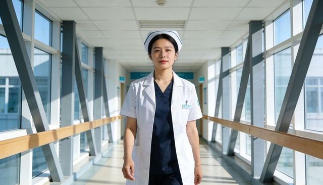 Confident asian nurse walking modern hospital skybridge in white coat and navy scrubs