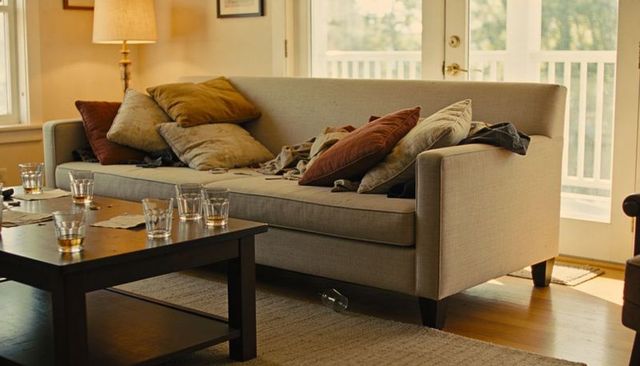 Beige Sofa with Scattered Pillows and Blanket After Casual Gathering in Sunlit Living Room