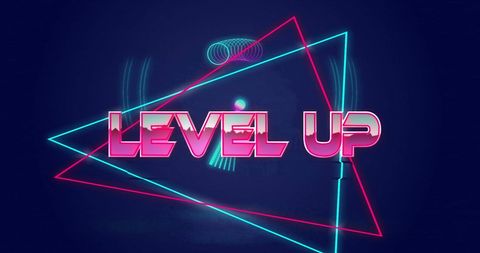 Neon Styled Level Up Sign Over Geometric Shapes - Download Free Stock Images Pikwizard.com