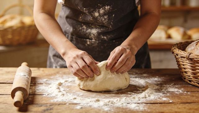 Artisanal baker kneading dough on rustic wooden counter with rolling pin and bread basket