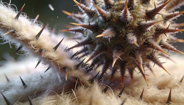 Spiky seed pod macro showing sharp thorns and woolly plant texture in close detail