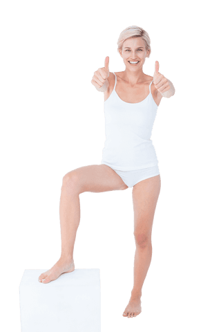 Healthy Woman in White Outfit Giving Thumbs Up on Transparent Background
