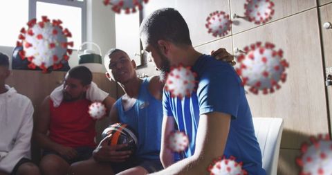 Football team in locker room with covid-19 virus concept
