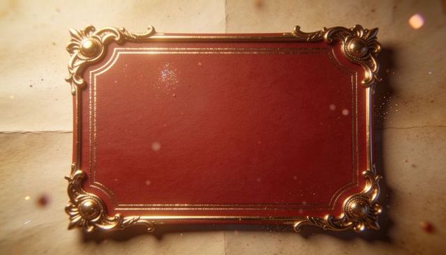Red leather gilt plaque with gold baroque frame and filigree corners on vellum