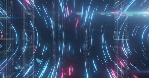 Immersive neon tunnel with streaming holographic panels amidst cyberpunk flair