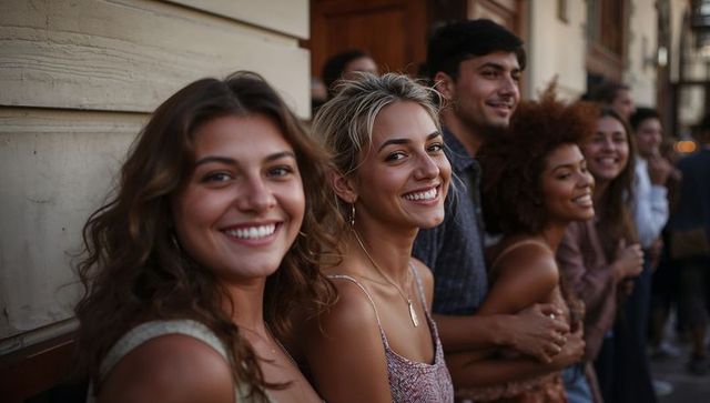 Friends laughing together on city street at golden hour - diverse summer night out