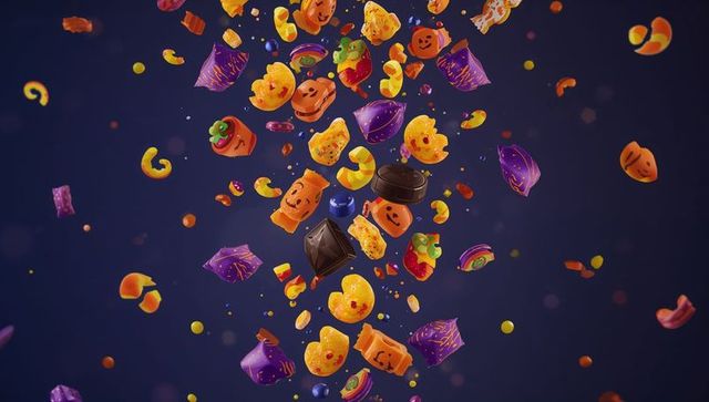 Colorful Floating Halloween Candies Against Dark Background