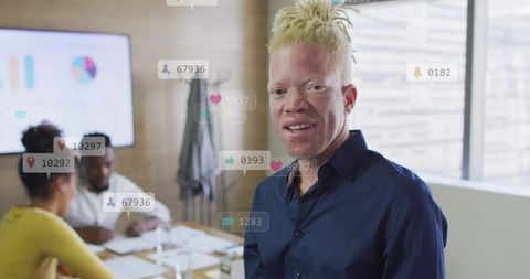 Business Professional in Modern Office with Social Media Icons