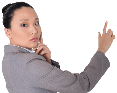 Focused Asian Businesswoman Pointing Finger on Transparent Background