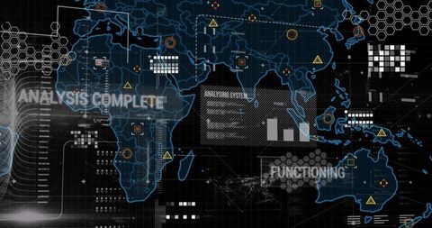 Futuristic data analysis on world map interface