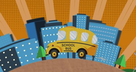 Illustrated school bus driving through cityscape for back to school