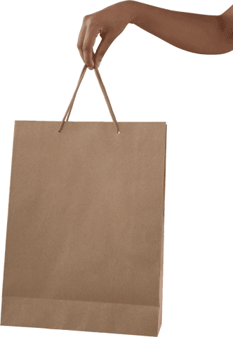 Woman's hand holding brown paper shopping bag on transparent background