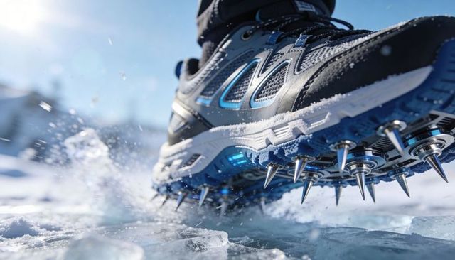 Spiked running shoe cutting ice with metal studs on frozen lake for winter traction
