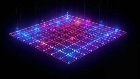 Neon holographic grid platform floating with pulsing tiles and electric arcs