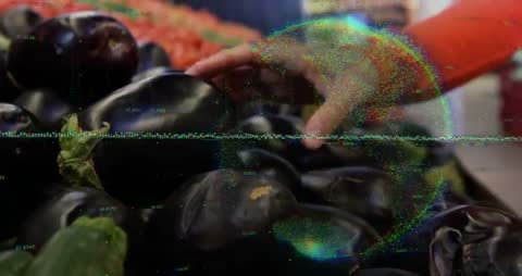 Shopper Reaching for Eggplant with Glitch Waveform Overlay Closeup Produce Inspection