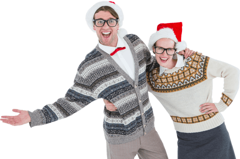 Joyful Holiday Couple in Festive Sweaters Celebrating Christmas