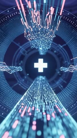 Converging Neon Data Streams Pulsing Toward Glowing Cross Inside 3D Tunnel - Vertical Tech Loop