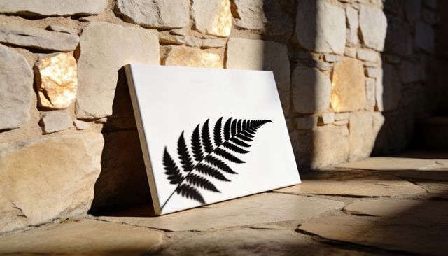 Leaning white canvas casting fern shadow on sunlit stone wall and flagstone floor with warm light
