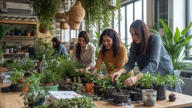 Three women tending seedlings in sunlit plant workshop collaborating on urban gardening