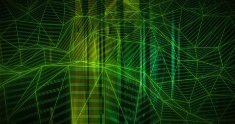 Glowing neon wireframe terrain forming triangular mesh peaks with vertical light bands