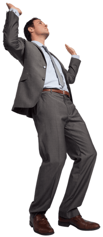 Confident Businessman in Gray Suit Raising Hands on Transparent Background