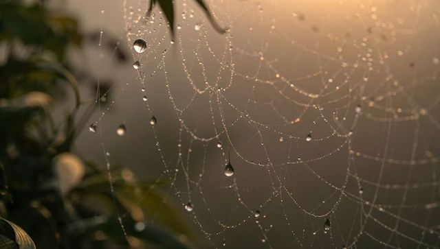 Dew-draped spider web catching golden backlight over garden leaves, glistening droplets