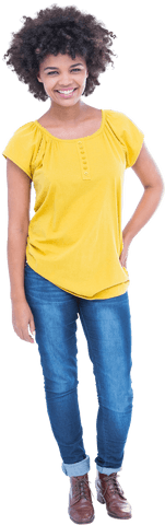 happy afro-haired woman smiling in casual yellow top and jeans - transparent background - Download Free Stock Videos Pikwizard.com