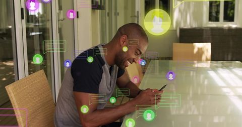 Man Engaged with Smartphone and Social Media Notifications