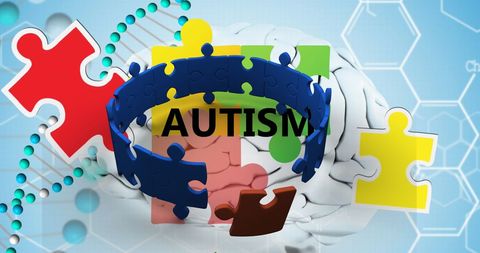 Autism awareness concept with colorful puzzle pieces and digital elements
