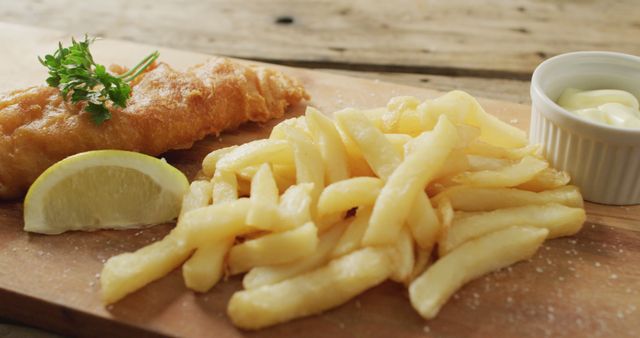 Image of fish and chips with lemon wedge and dip on wooden board, on rustic table - Download Free Stock Photos Pikwizard.com
