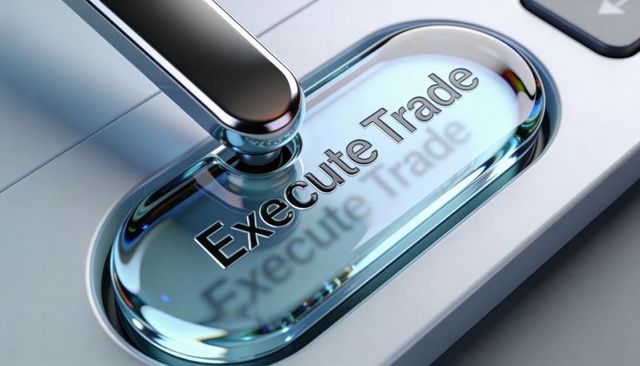 Pressing chrome lever executing trade on futuristic brushed-metal trading console