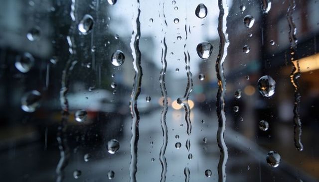 Raindrops streaking down glass, blurred urban street with bokeh headlights, moody reflections