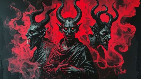 Horned demon amidst swirling crimson hell smoke