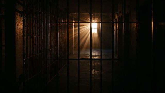 Sun Rays Illuminating Prison Corridor Through Rusted Bars