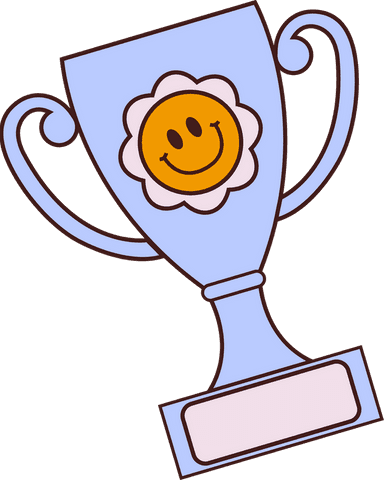 Transparent trophy cup with smiling face emblem and rosette