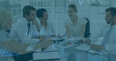 Team Discussing Financial Data with Augmented Analytics Graphics