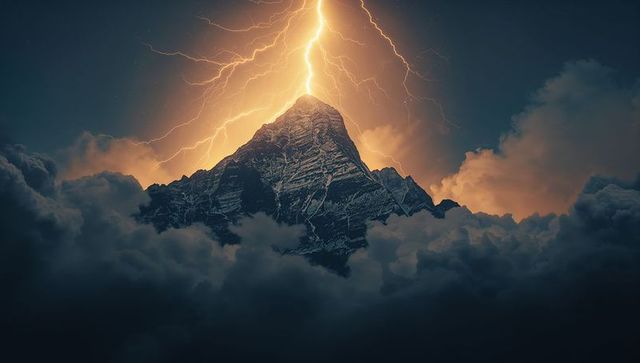 Spectacular Lightning Strike on Rugged Mountain Peak During Storm