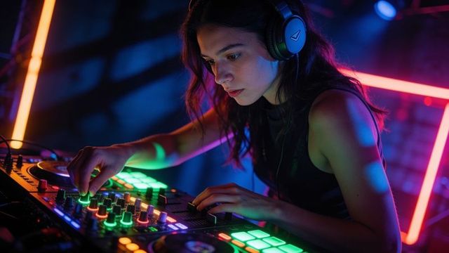 Female dj mixing on neon-lit mixer wearing headphones adjusting controls in club booth