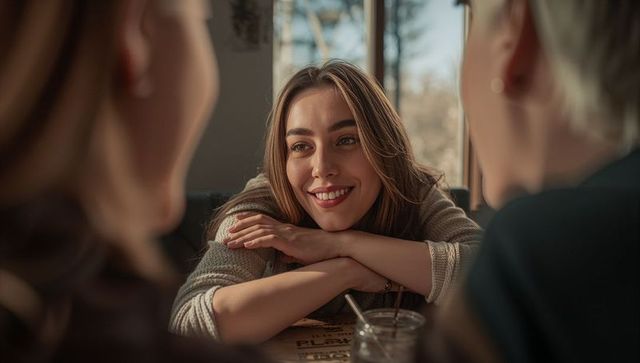 Smiling woman leaning on wooden table at sunlit cafe window enjoying cozy chat with friends
