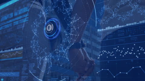 Couple Holding Hands Surrounded by Digital Interfaces and Data Patterns