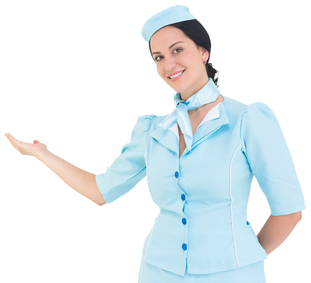 Smiling Air Hostess in Blue Uniform Presenting on Transparent Background - Download Free Stock Videos Pikwizard.com