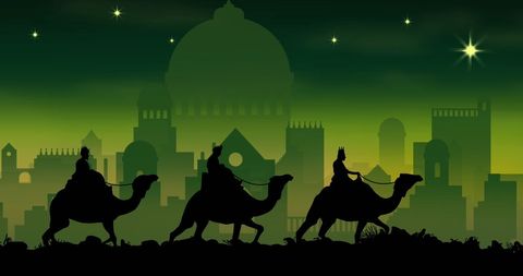 Silhouette of Three Wise Men on Camels with Cityscape in Background - Download Free Stock Images Pikwizard.com