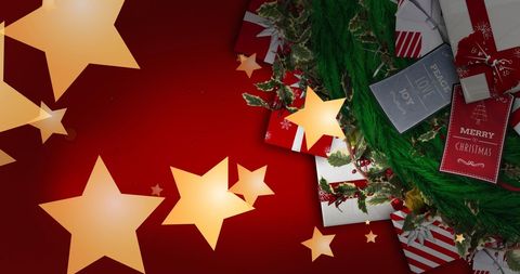 Festive Glowing Stars with Holiday Presents on Red Background - Download Free Stock Images Pikwizard.com