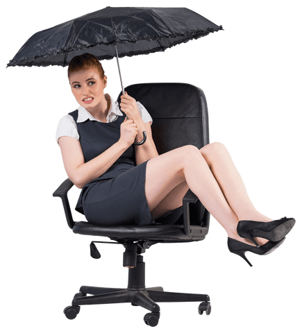 Businesswoman seated with umbrella in transparent environment