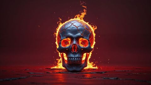 Fiery cracked skull with hell flaming cracks on stone