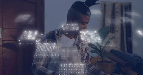 Artisan inspecting leather rolls with digital data overlay in creative studio workspace