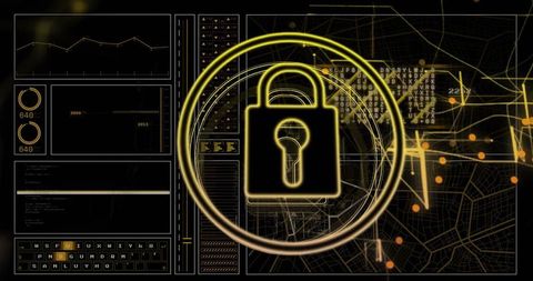 Rotating glowing padlock protecting cyber network interface with data map overlay