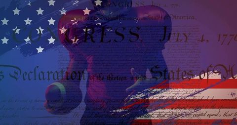 Gavel over declaration blending american flag stars and stripes with judicial symbolism